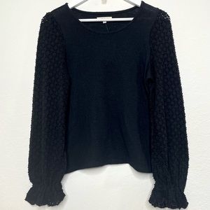 Madewell Texture & Thread Eyelet Ruffle Lace-Sleeve Black Top - Small